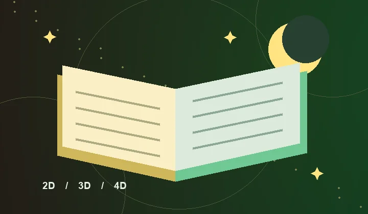 Ilustrasi buku terbuka, bulan, dan bintang untuk koleksi mimpi 2D, 3D, dan 4D